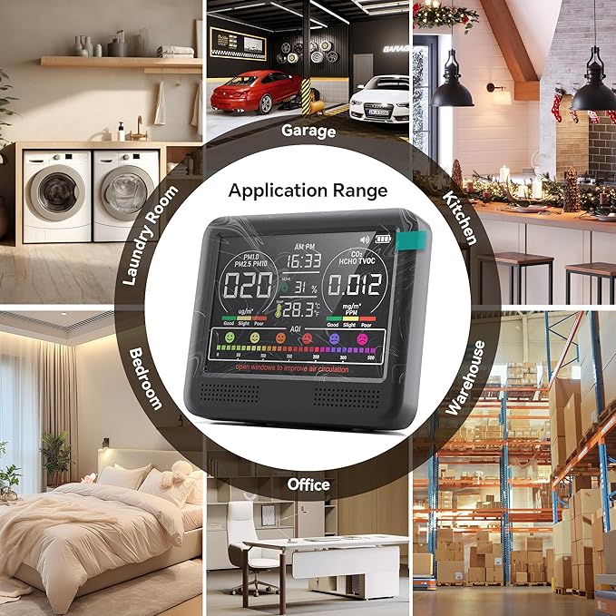 16-in-1 Air Quality Monitor Indoor with 7AQI Beep Alarm, CO2 Monitor, Air Quality Detector with PM1.0 | PM2.5 | PM10 | Temp | HUM | Formaldehyde | VOC Tester for Home Office Plant (Soft Black) - Image 6