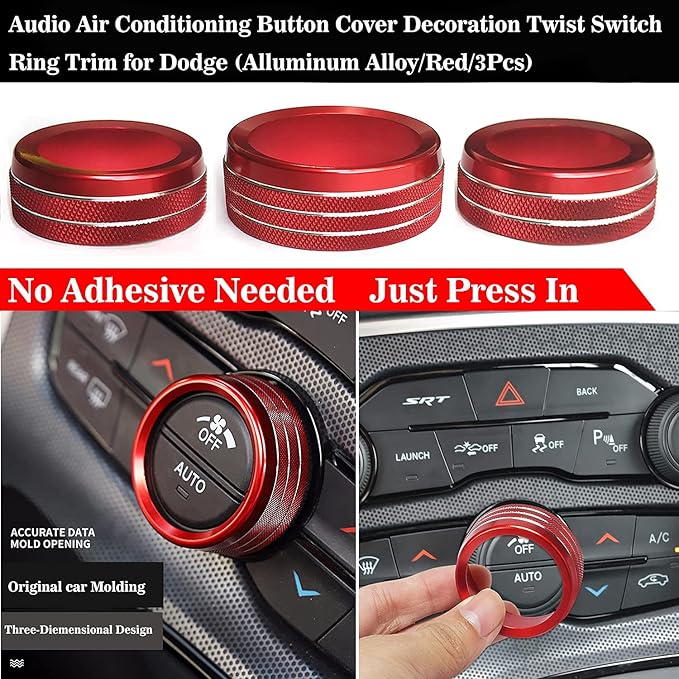 Auprite Climate Control Knob Covers for Challenger Accessories 2015-2023 2024, for Dodge Charger 2015-2023 2024, for Dodge Chrysler 300/300s 2015-2024,3Pcs Kit (Red) - Image 3