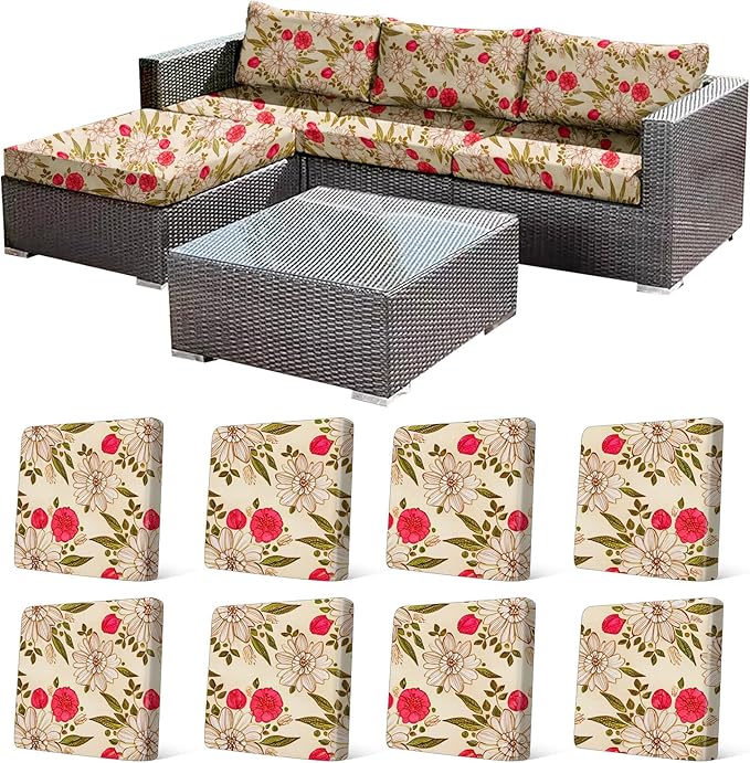 8Pcs Stretch Patio Cushion Cover, Floral Couch & Sofa Slipcovers for Patio Furniture Cushions Washable Reusable Couch Covers Replacement for All-Season (Rosy Pink Floral,Cover Only) by CALBODE