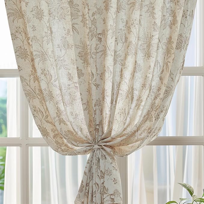 jinchan Linen Floral Curtains for Living Room with Printed Flower 96 Inches Long Light Filtering French Country Back Tab Rod Pocket Taupe Window Curtain Set Farmhouse Drapes 2 Panels Taupe - Image 6
