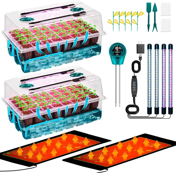 Self-Watering Seed Starter Tray with Grow Light and Heat Mat, 80-Cell Plant Starter Trays Seed Starter Kit, Seed Starter Tray for Seed Starting, Plant Germination & Seedling Growing, 2 Pack by HUGBOW