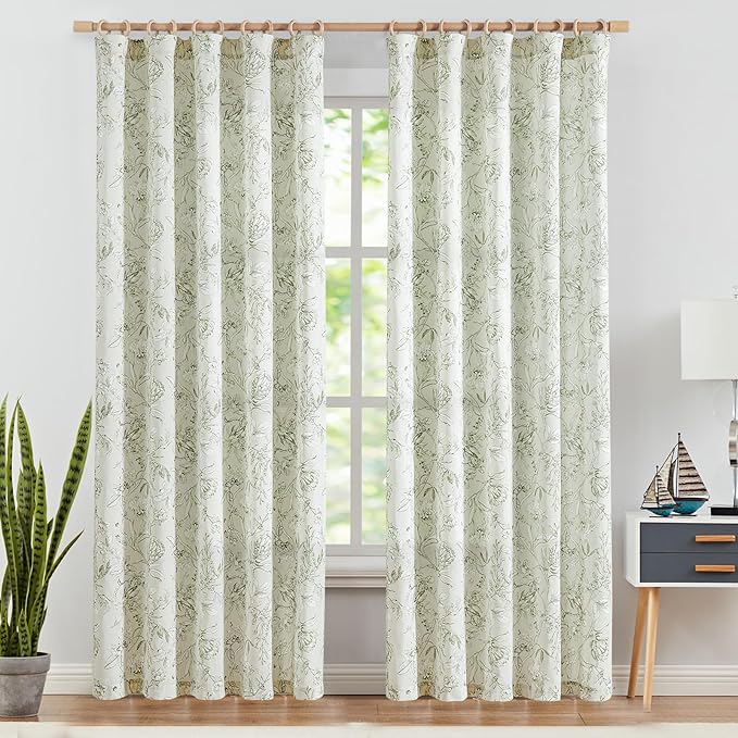 jinchan Floral Curtains 84 Inches Long Sage Green Flower Linen Farmhouse Curtain for Living Room French Country Vintage Curtain Rod Pocket Curtains Set 2 Panels Floral Printed - Image 2