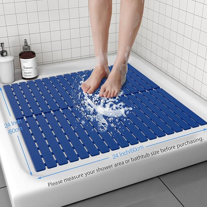 ​Shower Mat Non-Slip Bath Mat for Tub and Shower Stall,200+ Suction Cups with Drain Holes, Quick Dry Machine Washable, Extra Grip for Stand Up Showers, Bathroom Essentials 24x24 Inch (Blue) - Image 3