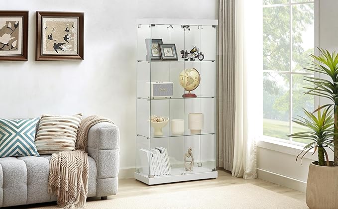 Yoluckea 4 Shelves Glass Display Cabinet with Light and 2 Doors, Curio Collection Glass Display Case, Floor Standing Bookshelf Corner Cabinet for Book Toys Glory (White) - Image 8