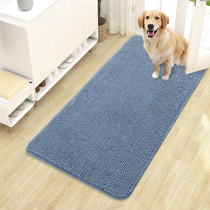 OLANLY Dog Door Mat for Muddy Paws 44x24, Absorbs Moisture and Dirt, Absorbent Non-Slip Washable Doormat, Quick Dry Chenille Mud Mat for Dogs, Entry Indoor Entryway Carpet for Inside Floor, Airy Blue by OLANLY