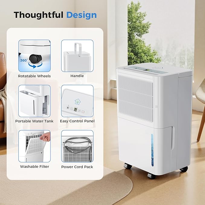 2,500 Sq Ft Portable Home Dehumidifier with Drain Hose, 74 OZ Water Tank, 24 Hr Timer, 3 Modes High Efficiency Compressor for Basement, Bedrooms, Bathrooms and Laundry Rooms - Image 9