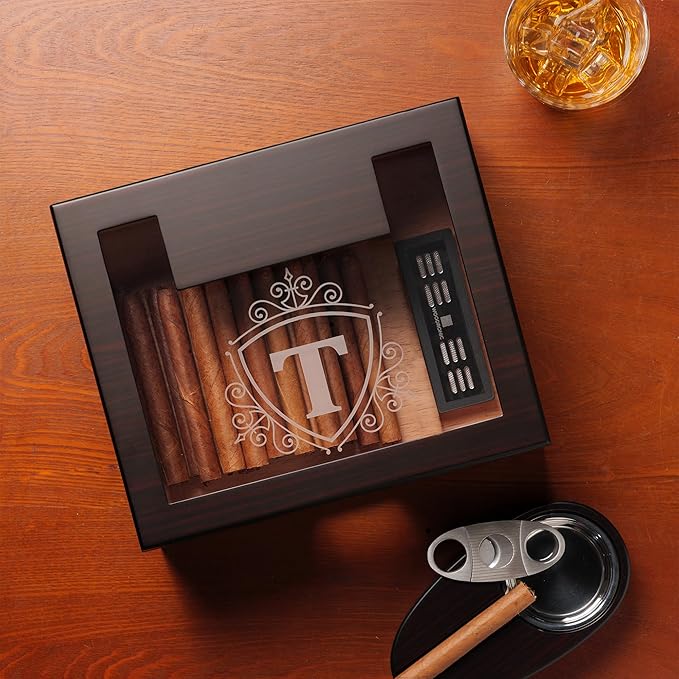 Woodronic Monogrammed Cigar Humidor for 50 Cigars, Custom Cigar Box with Digital Hygrometer, Humidifier, Spanish Cedar Lining and Divider, Cigar Cutter, Ashtray, Accessory Gift for Fathers - Image 5