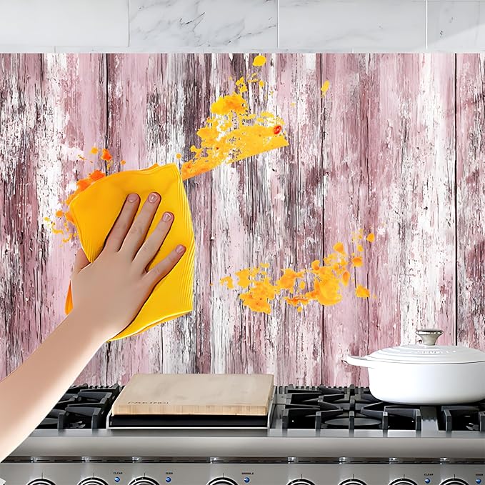 NYZE Kitchen Backsplash Stickers Waterproof Stove Backsplash Protector, 30 X 16 inch Removable Kitchen Wallpaper with Wall Art Decor for Stove Cooking Area(Pink Distressed Wood) - Image 6