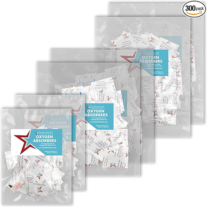 PackFreshUSA: Oxygen Absorber Combo - Contains 3 Sizes 50cc, 100cc, and 300cc- Food Grade - Non-Toxic - Food Preservation - Long-Term Food Storage Guide Included - 300 Pack (100 Count of Each Size) by PackFreshUSA