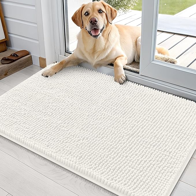 OLANLY Dog Door Mat for Muddy Paws 36x24, Absorbs Moisture and Dirt, Absorbent Non-Slip Washable Doormat, Quick Dry Chenille Mud Mat for Dogs, Entry Indoor Entryway Carpet for Inside Floor, Ivory by OLANLY