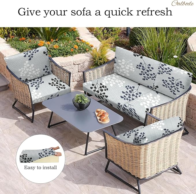 12Pcs Outdoor Stretch Cushion Covers,Waterproof Outdoor Chair Floral Cushion Covers for Patio Furniture, Washable Floral Couch Covers Replacement for Patio Furniture（Blue Grey） - Image 5