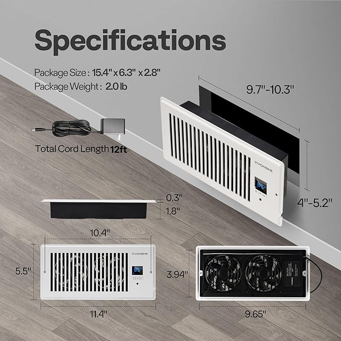 VIVOHOME 4"x10" Opening Smart Vent Register Booster Fan with Intelligent Thermostat & 10-Speed Remote Control - 11.4" x 5.5‘’ Vent Cover for Room, Floor, Wall - White - Image 7