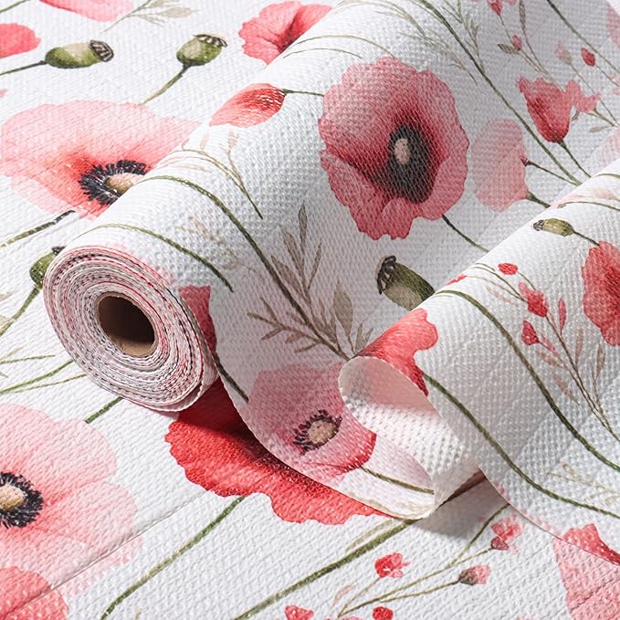 Floral Shelf Liners Strong Non-Slip and Non Adhesive Shelf and Drawer Liners for Kitchen Cabinet Wire Fridge, Waterproof Shelf Drawer Liner,Easy to Clean,12IN x 10FT,Red by Amiitay