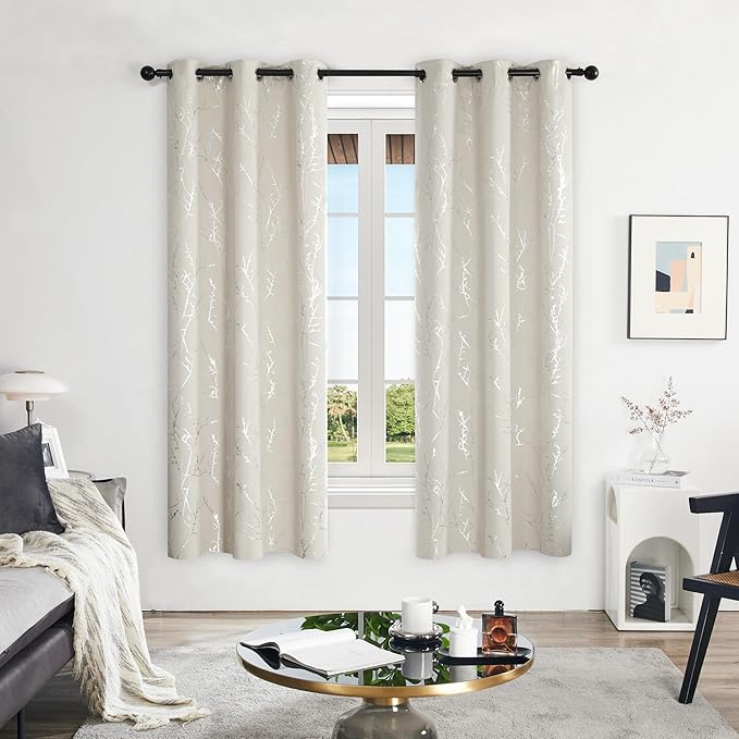 Deconovo Beige Bedroom Curtains, Room Darkening Curtain, Thermal Insulated Soundproof Drapes, Silver Branch Print, 42 x 72 Inch Long, Machine Washable Window Panels for Living Room Nursery, Set of 2 - Image 2