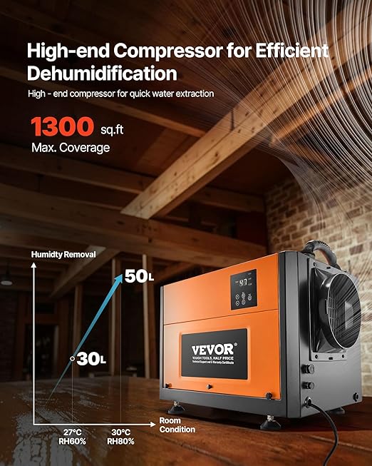 VEVOR 125 Pints Commercial Dehumidifier with Drain Hose, Portable Crawl Space Dehumidifiers for Basement Storage Room Industrial Grade, Auto Defrost/Drainage, Heavy-duty Galvanized Steel, LED Indicate - Image 2