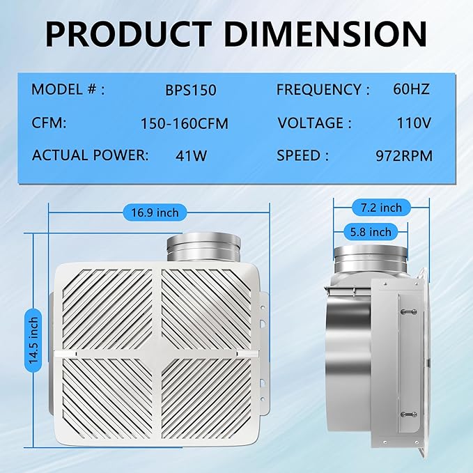 Bathroom Exhaust Fan White Ceiling Mount Ventilation Fan 150-160 CFM 1.2 Sones 6 Inches Duct Energy-Saving Bathroom Ventilation and Exhaust Fan - Image 2