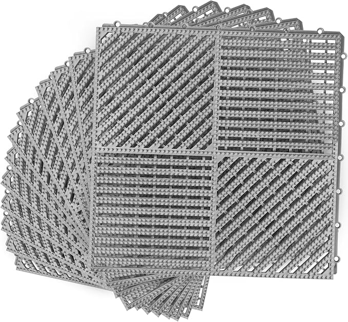 MYFAMIREA Modular Interlocking Cushion 12 Pack 11.8" x 11.8" Rubber Floor Tiles Non-Slip Splicing Drainage Mats for Deck, Pool, Shower, Patio, Balcony, Bathroom, Kitchen, Yard (2 Rows Dots, Gray) by MYFAMIREA