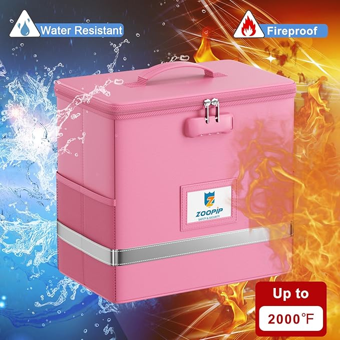 Fireproof File Box with Lock, Document Box Storage Organizer, Suitable for Hanging File Folders in Letter Size, Collapsible File Box, Reflective Strip for Fast Find (12.2"*6"*10.2, Pink) - Image 2