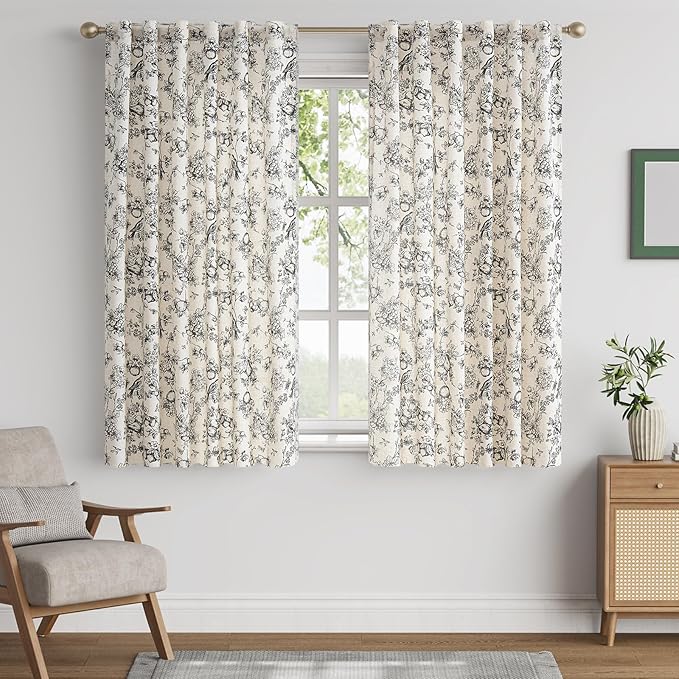 jinchan Linen Floral Curtains for Living Room 63 Inch Length Black Printed Flower Light Filtering French Country Curtain Farmhouse Cottage Core Toile Curtains Back Tab Window Drapes Set 2 Panels - Image 2