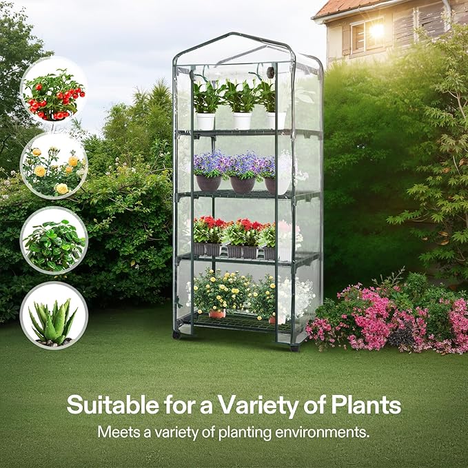 VIVOSUN Mini 4-Tier Greenhouse with Wheels, 27 x 19 x 63-Inch Reusable Portable Warm House with Clear PVC Cover and Shelf for Compact Garden and Small Backyards, with Wheels - Image 7