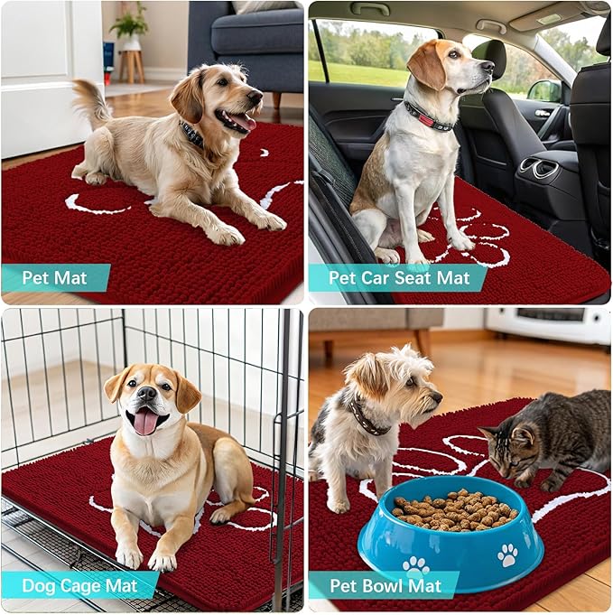 OLANLY Dog Door Mat for Muddy Paws 36x24, Paw Print Design, Absorbs Moisture and Dirt, Absorbent Non-Slip Washable Doormat, Quick Dry Chenille Mud Mat for Dogs, Entry Indoor Entryway Carpet, Red - Image 7