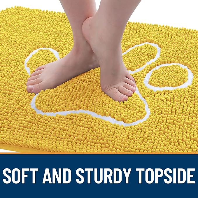 OLANLY Dog Door Mat for Muddy Paws 48x30, Paw Print Design, Absorbs Moisture and Dirt, Absorbent Non-Slip Washable Doormat, Quick Dry Chenille Mud Mat for Dogs, Entry Indoor Entryway Carpet, Yellow - Image 4