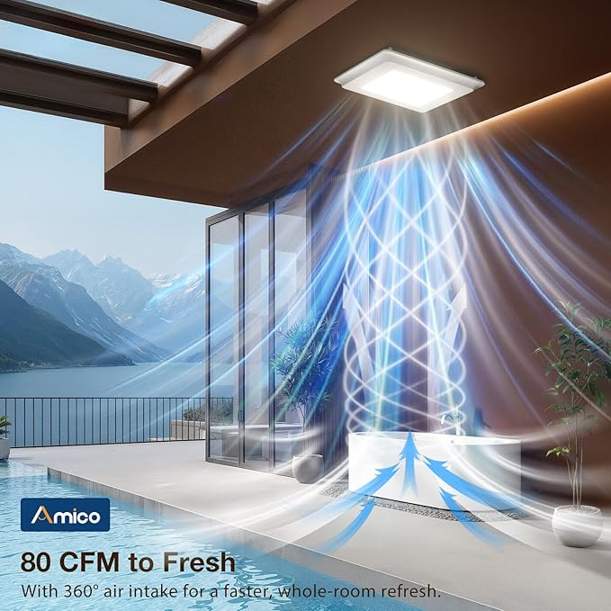 Amico Bathroom Exhaust Fan with Light, 80 CFM, 0.9 Sones, 1000LM, 5CCT, Easy Install, Ceiling Mount Shower Bathroom Fan, Adjustable Exhaust Vent with light, ETL & FCC Certified - Image 4