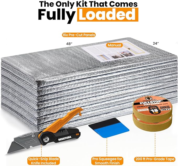 BEEST FULLSTOP Garage Door Insulation Kit - 16x7 & 16x8ft Single Garage Door Insulation Panels - 16 Pre-Cut 24x48 Foam-Core Panels w/ Tape, Cutter & Squeegee - Easy DIY For Instant Temperature Control - Image 7