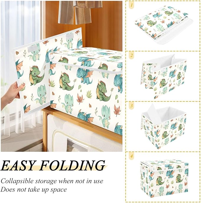 xigua Dragon Watercolor Storage Bins with Lids and Carrying Handle,Foldable Storage Boxes Organizer Containers Baskets Cube with Cover for Home Bedroom Closet Office - Image 4