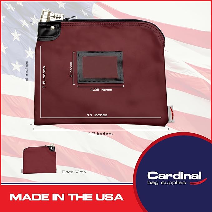 Heavy-Duty Money Bag with Lock – 9" x 12" Water-Repellent Laminated Nylon Bank Deposit Bag with Combination & Keyed Security for Cash, ID Window, Made in USA (Burgundy) - Image 2