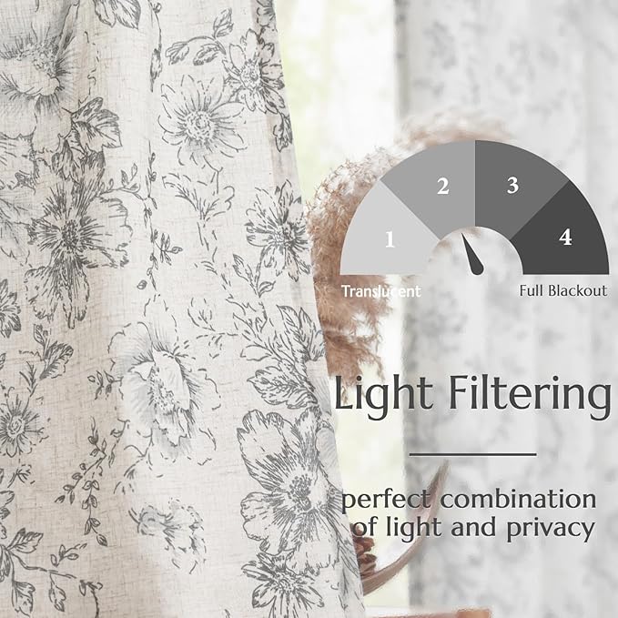 jinchan Linen Blend Curtain Floral Curtains for Living Room 108 Inch Length Grey Printed Curtain Rod Pocket Back Tab Farmhouse Peony Flower Patterned Drapes Bedroom Window Curtains Set 2 Panels - Image 5