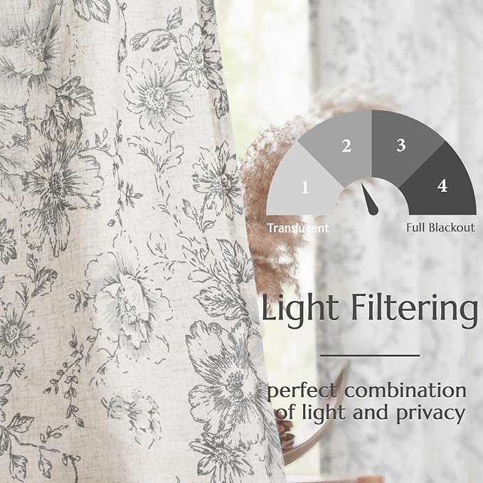 jinchan Linen Blend Curtain Floral Curtains for Living Room 45 Inch Length Grey Printed Curtain Rod Pocket Back Tab Farmhouse Peony Flower Patterned Drapes Bedroom Window Curtains Set 2 Panels - Image 4