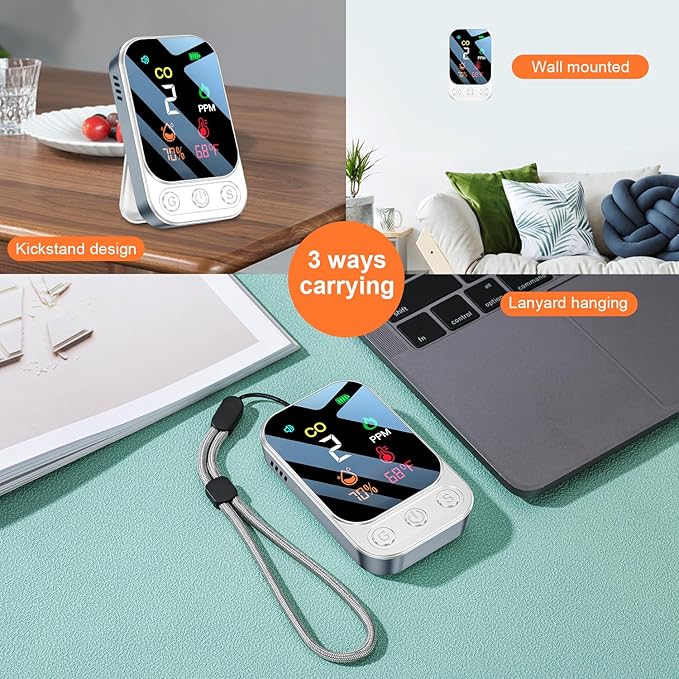 Portable Carbon Monoxide Detectors [3-in-1] Mini Size CO Monitor with Kickstand & Lanyard Alarm [ CO Temperature Humidity Sensor ] for Outdoor Camping Travel RV Home Hotel (3IN1 Grey) - Image 3
