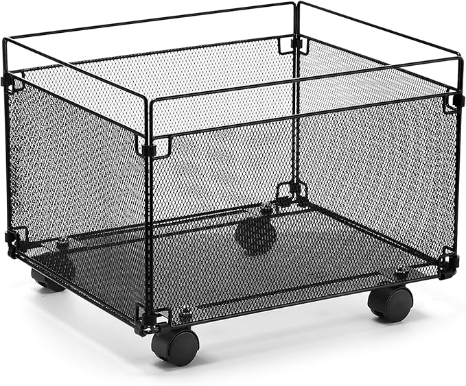 Harloon 1 Pack Mesh Rolling File Carts with Wheels Hanging Files Metal File Crate Organizer Black Rolling Organizer Foldable Storage Cart Box for Folders Office Supplies, Black, 15" x 13" x 10" by Muasung