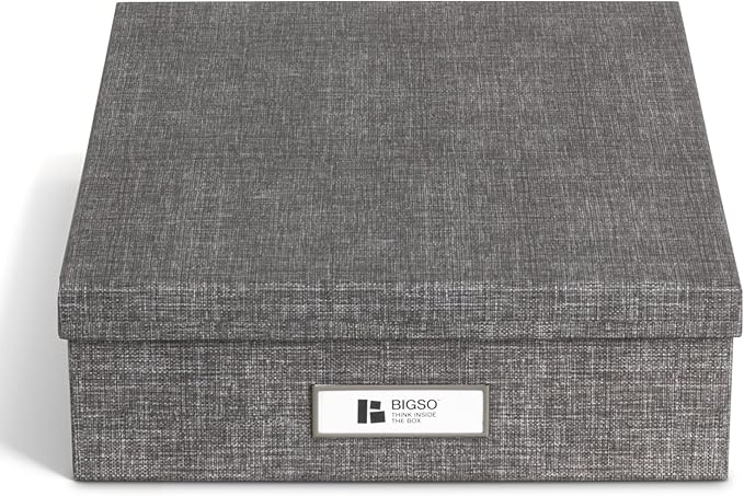 Bigso Oskar Canvas Fiberboard Document Letter Box for Important Paperwork A4 or Letter Size - Durable Keepsake Box with Lid and Metal Label Holder - 3.3in x 10.2in x 13.8in - Melange Grey - Image 2
