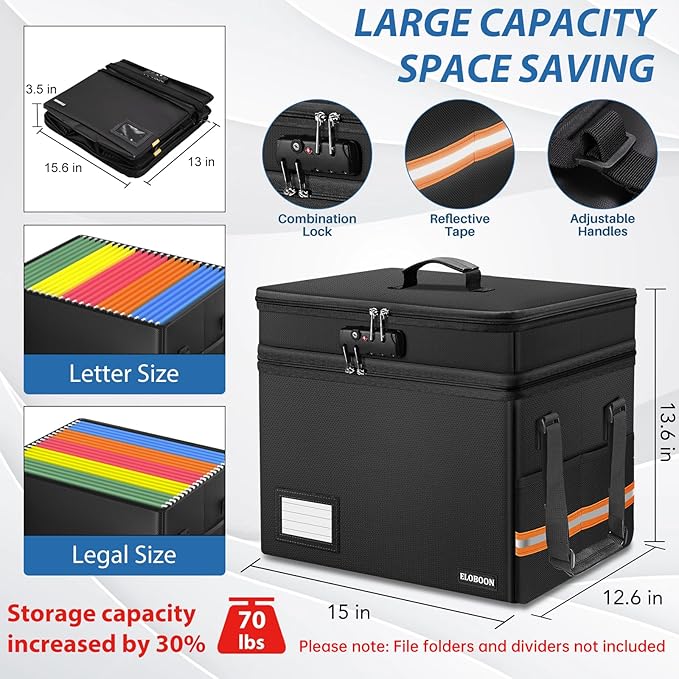 Fireproof Document Box with 13 Pockets Accordian File Organizer, Water-Resistant File Organizer Box with Lock, Collapsible File Storage Cabinet for Hanging Letter/Legal Folder, Black - Image 3