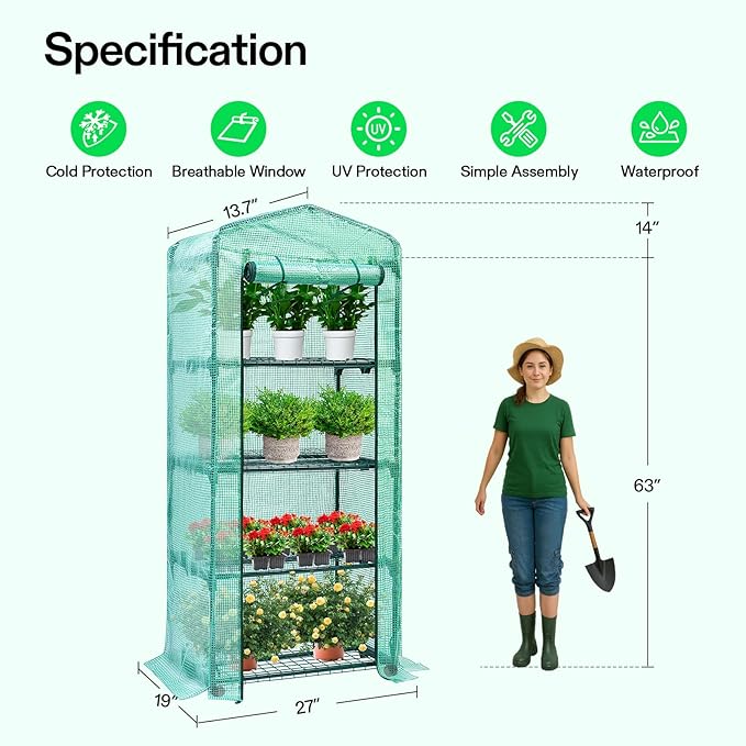 VIVOSUN Mini 4-Tier Greenhouse with Wheels, 27 x 19 x 63-Inch Reusable Portable Warm House with Green PE Cover and Shelf for Compact Garden and Small Backyards, with Wheels - Image 2