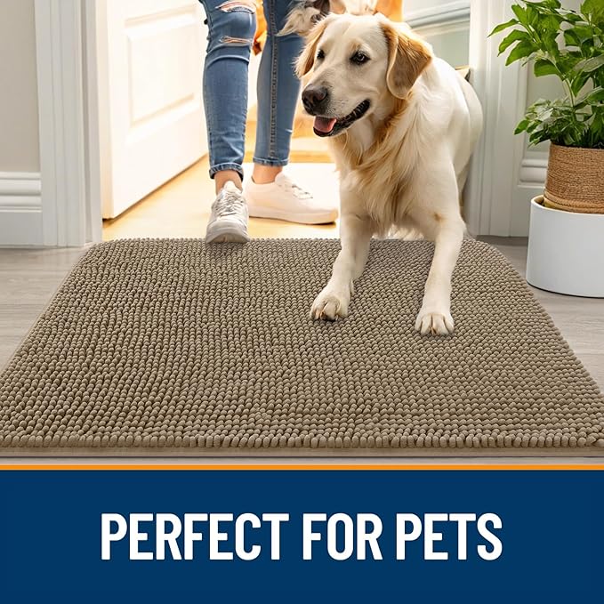 OLANLY Dog Door Mat for Muddy Paws 36x24, Absorbs Moisture and Dirt, Absorbent Non-Slip Washable Doormat, Quick Dry Chenille Mud Mat for Dogs, Entry Indoor Entryway Carpet for Inside Floor, Tan - Image 6