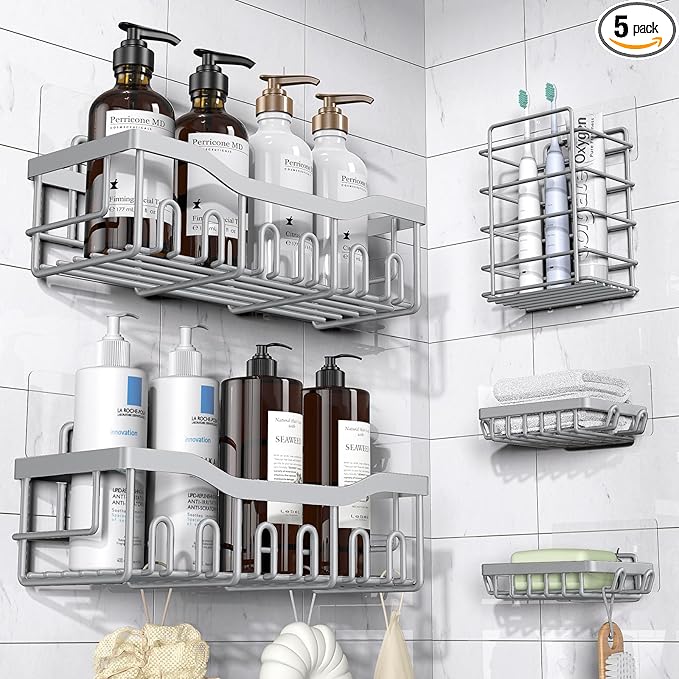 EUDELE 5-Pack Rustproof Stainless Steel Shower Caddy Set– No Drill Adhesive Bathroom Organizer, Space-Saving Shower Shelves for Apartment Essentials, Bathroom/Kitchen Storage Home Decor-L Size by EUDELE