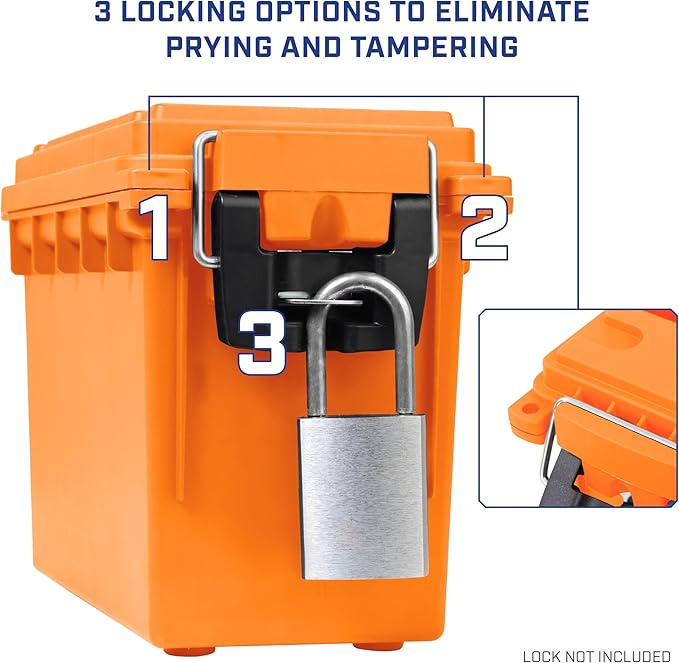 Sheffield 12630 Ammo Storage Box, Stackable .30 Cal Field Boxes, Water and Dust Resistant, Lockable Storage Box with Handle, Secures Hunting Gear, Supplies, and Bullets, Made in USA, Orange, 1-Pack - Image 5