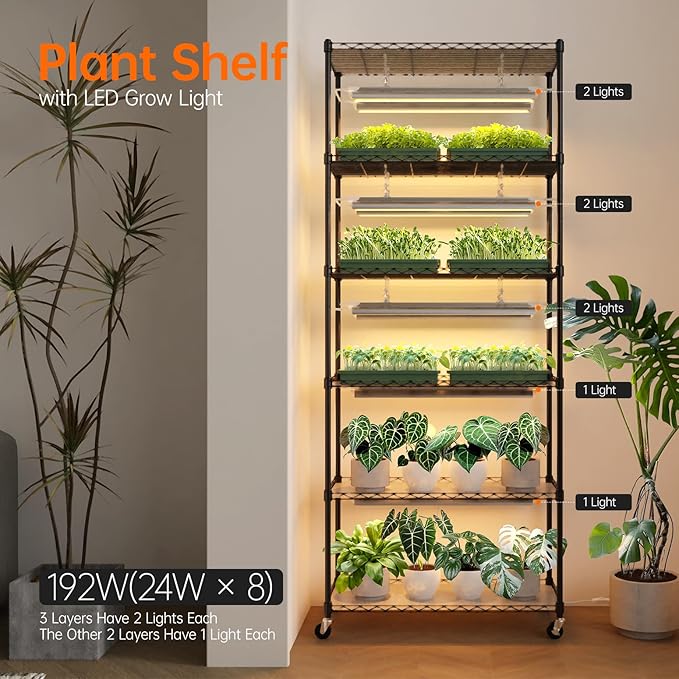Bstrip DIY Plant Shelf with Grow Light, Grow Light Shelf with Adjustable Rack and Wheels, Plant Stand, 8-Pack 192W T8 Full Spectrum Lamps, ideal for Seed Starting, Seed Tray, 29.5"L x 13.8"W x70.9"H - Image 2