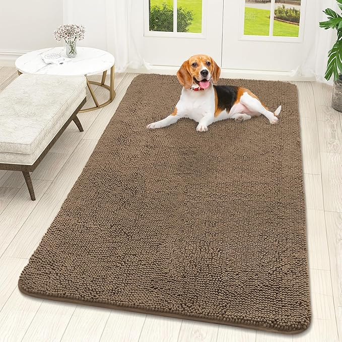 OLANLY Dog Door Mat for Muddy Paws 59x32, Absorbs Moisture and Dirt, Absorbent Non-Slip Washable Doormat, Quick Dry Chenille Mud Mat for Dogs, Entry Indoor Entryway Carpet for Inside Floor, Tan by OLANLY