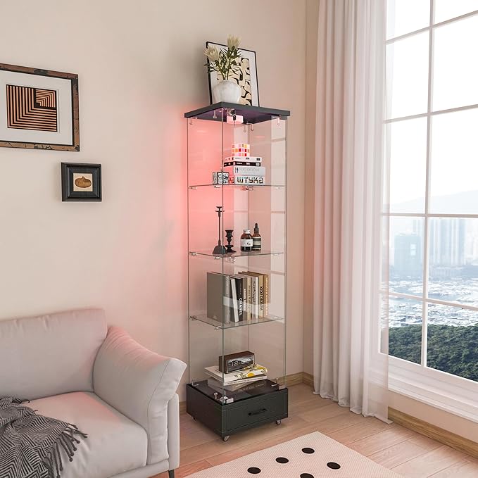 Yoluckea 4 Tiers Glass Display Cabinet with LED Lighting and Drawer, 1 Door Floor Standing Curio Cabinet with Wheel for Home, Office, Corner Display, Black Glass Bookshelf for Collections and Decor - Image 8
