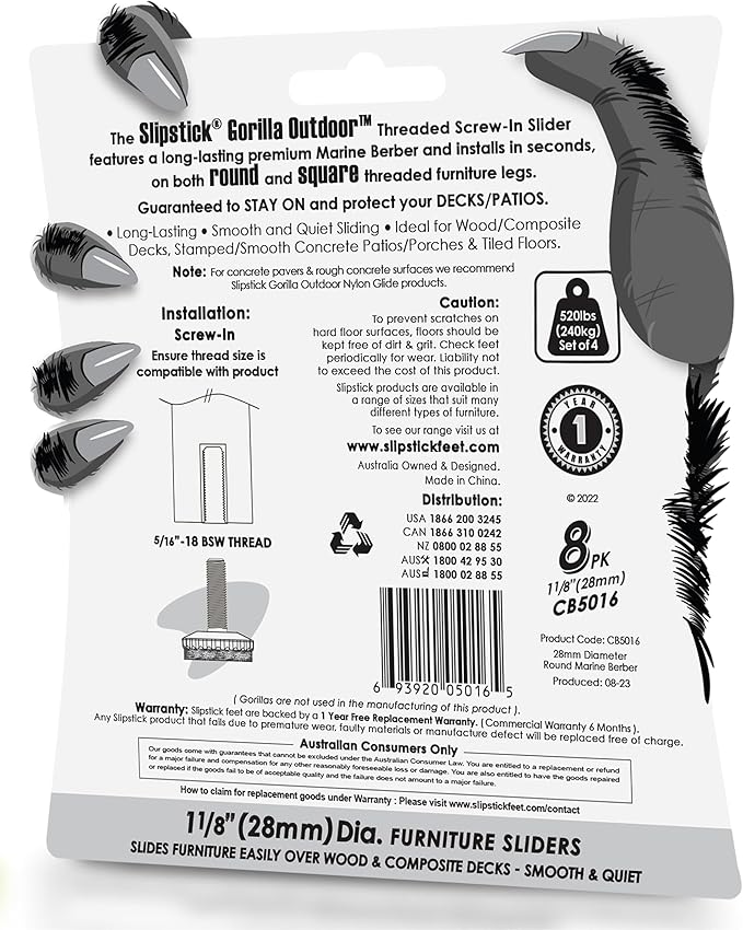 Slipstick Gorilla Outdoor Adjustable Furniture Levelers (8 Pack) Weatherproof Screw in Leg Glides for Chairs, Tables, and Outdoor Furniture Feet, 1-1/8 Inch Berber Glide, 5/16”-18 BSW Thread - Image 8