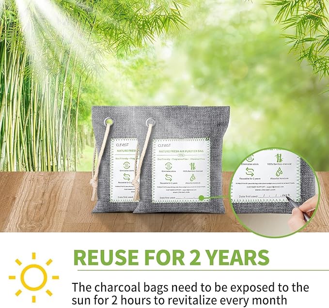 CLEVAST 14 Pack Activated Bamboo Charcoal Air Purifying Bags(2x200g, 12x50g), Natural Fresh Odor Absorber, Deodorizer and Moisture Eliminator, Air Purifier Bags for Home - Image 7