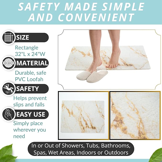 Enkosi Loofah Non-Slip Shower Mat - Shower Floors, Bathtub, Bathrooms, Wet Areas - Cushioned Bath Mat with Drain Holes - Quick Dry PVC, Secure Safety Pad Without Suction Cups (32x24 Marble Gold) - Image 3