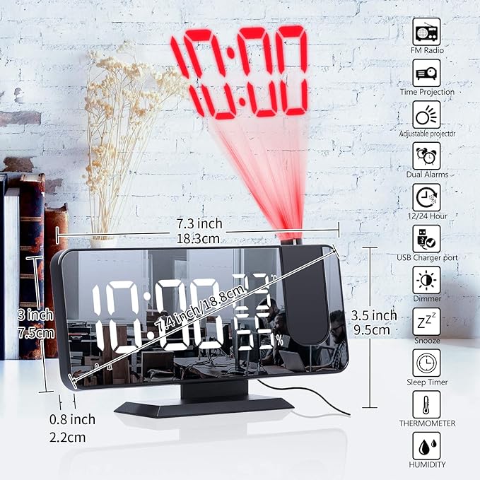 Projection Alarm Clock for Bedrooms Ceiling, Digital Clock Radio with USB Charger Port, Temperature & Humidity Display, 7.3” Large LED Display,12/24H,Snooze,Dual Loud Clock- 4 Dimmer - Image 7