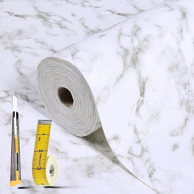 Drawer and Shelf Liner for Kitchen Cabinet: 17 in X 20 Ft Non Slip Waterproof Shelf Paper Non Adhesive Refrigerator Liners White Marble Easy Liners for Bathroom Cupboard with Knife Tape Measure by Kimhan