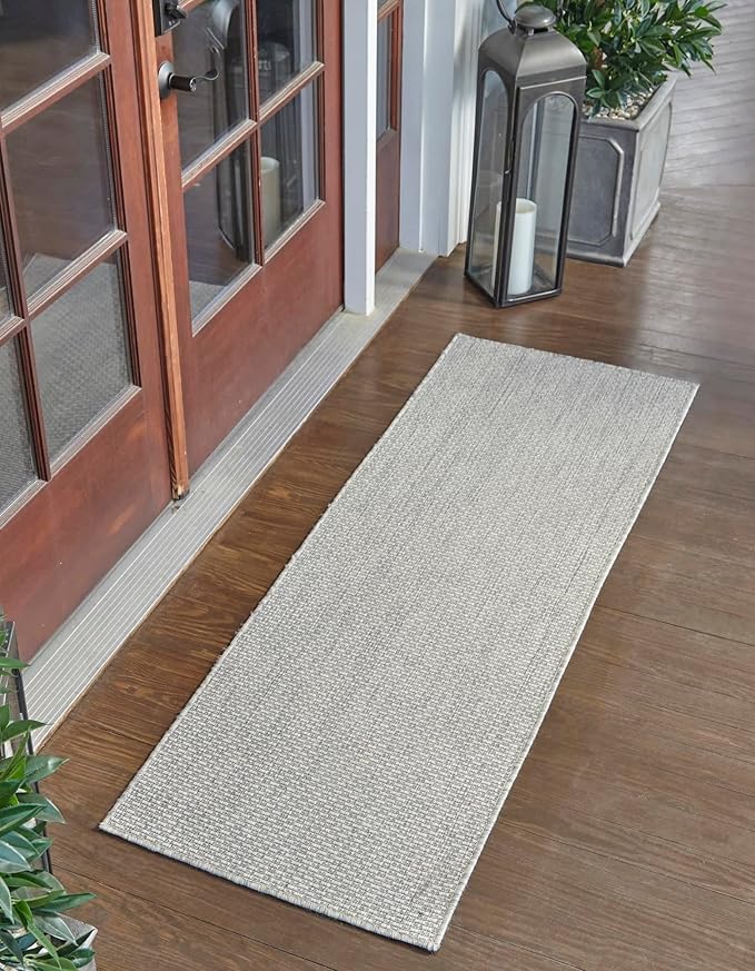 Unique Loom Collection Casual Transitional Solid Heathered Indoor/Outdoor Flatweave Area Rug (2' x 8' Runner, Light Gray/Ivory) by UniqueLoom