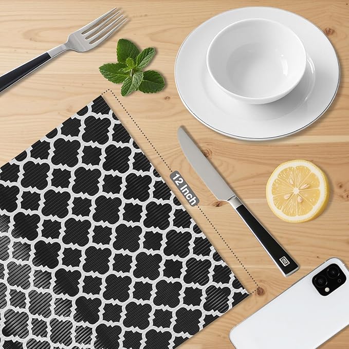 Glotoch Shelf Liners for Kitchen Cabinets 12” x 20 ft, Non Slip Drawer Liner, Waterproof Cabinet Liner for Wire/Pantry/Closet/Dresser-Non Adhesive, Heavy Duty, Quatrefoil, Black&White - Image 2